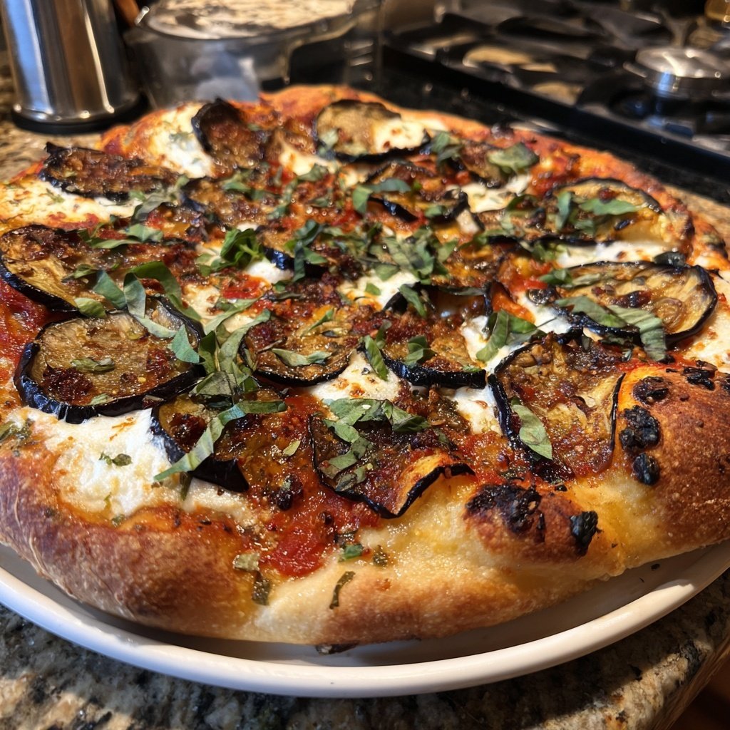 Pizza mit Aubergine und Mozzarella
