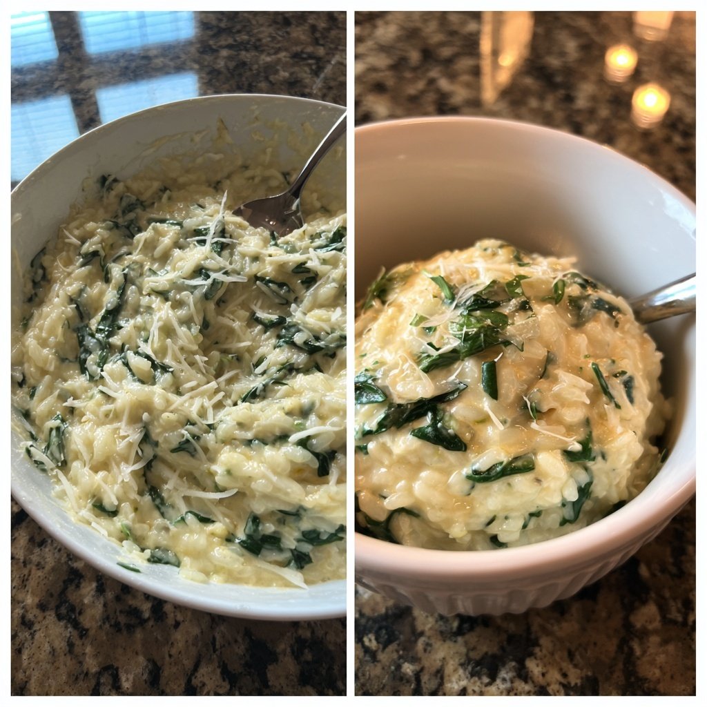 Abendessen mit cremigem Spinatrisotto